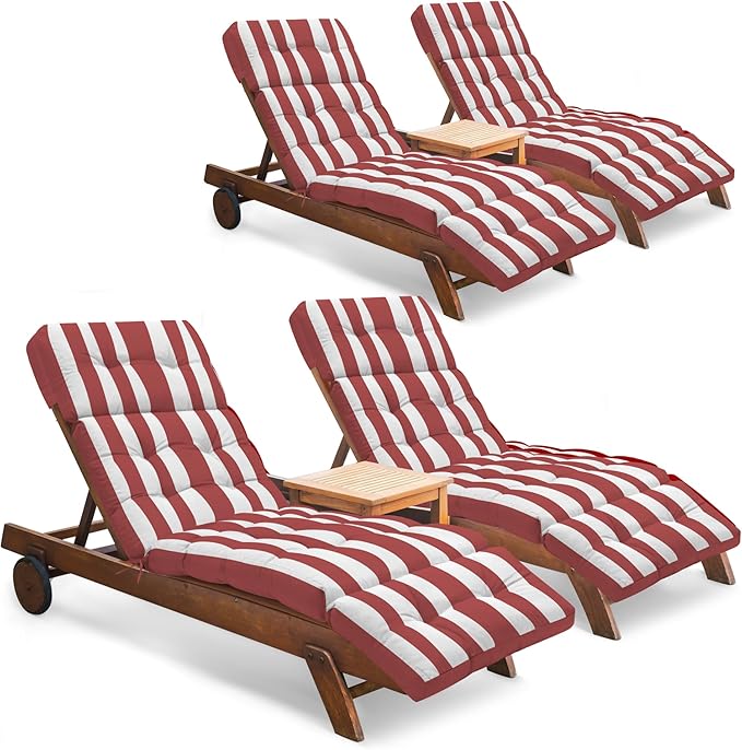 Outdoor Chaise Lounge Chair Cushion Set of 4, Waterproof 74.4 x 22 x 4.7 Inches Memory Foam Thickened Lounge Chair Cushions Replacement for Outdoor Furniture with Ties, Stripe Red&White