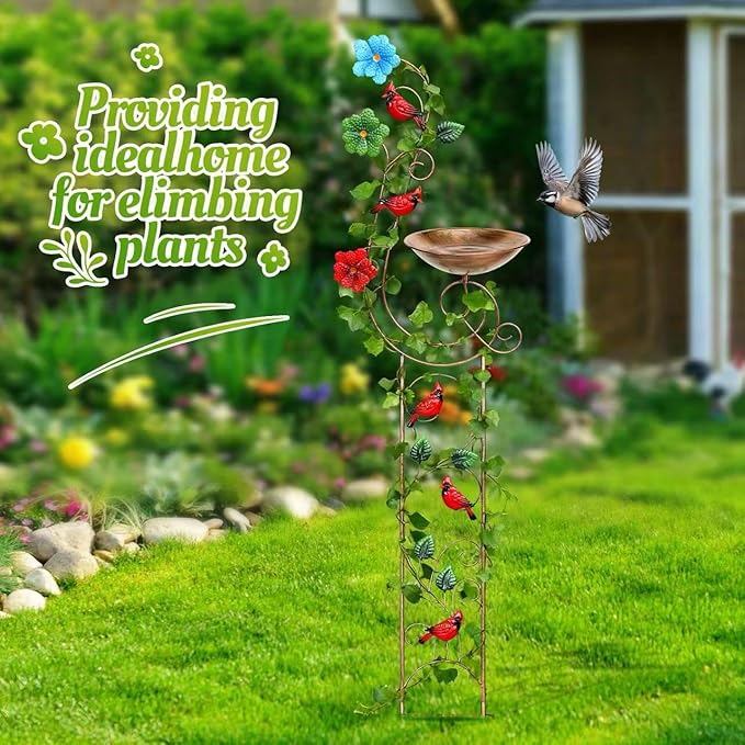 Metal Bird Bath with Trellis for Outside, 57” Height Birdbaths & Supports, Small Garden Decorative Trellises for Climbing Flowers Outdoor (Redbird)
