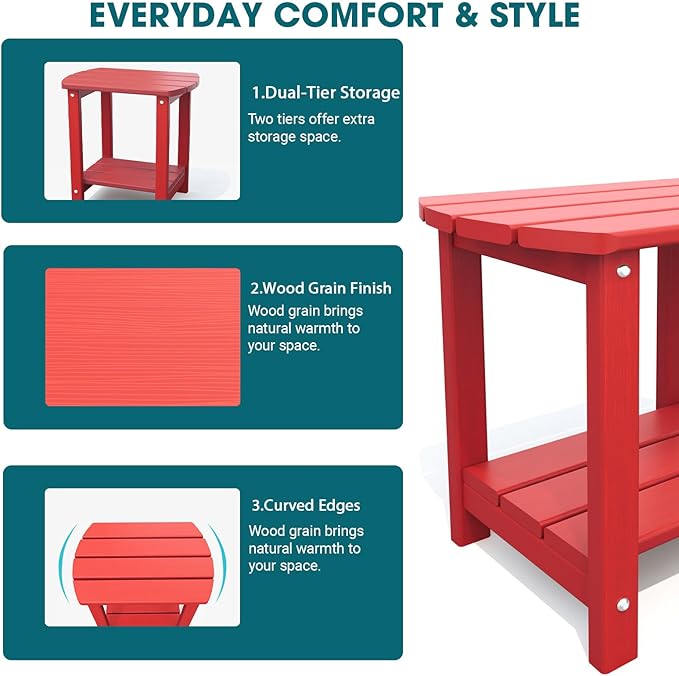 THOEOE Adirondack Outdoor Side Table, 2-Tier Sturdy Patio End Table Weather Resistant, Morden Side Table for Patio, Pool, Porch, Red