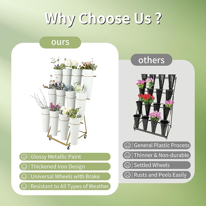 Flower Cart with 12 Metal Buckets, 3 Layers Flower Bar Stand with 360° Swivel Wheels and Brake, Flower Display stand with Iron Bucket, Durable than Plastic Buckets, Flower Holder for Florist or Wedding