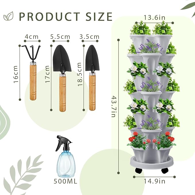 Umigy 1 Set Light Gray 7 Tier Stackable Vertical Planters with Removable Wheels and Tools Tower Planters Strawberry Herb Flower Vegetable Pots Indoor Outdoor Gardening Pots