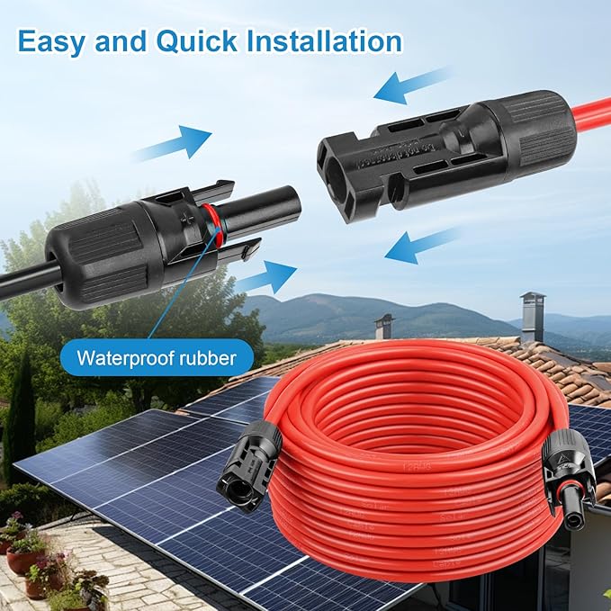 Solar Panel Extension Cable - 12AWG 20FT Solar Wire with Female & Male Waterproof Connector PV Wire for RV, Photovoltaic Systems, Home, Boat, Solar Panels, Car(20ft Red + 20ft Black)