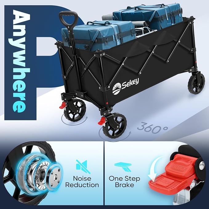 Sekey Collapsible Foldable Wagon with 330lbs Weight Capacity, Heavy Duty Folding Wagon Cart with Big All-Terrain Wheels. Black