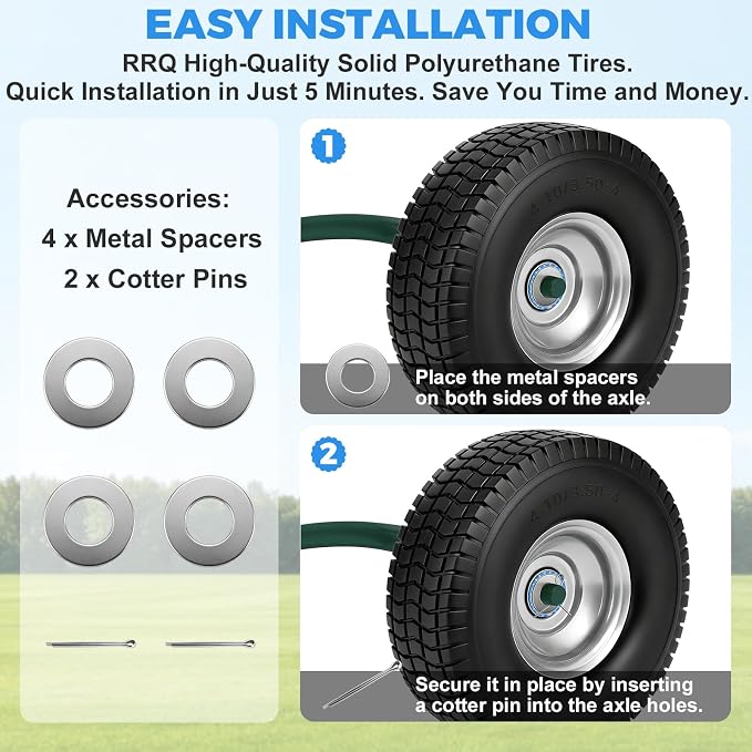 (2-Pack) RRQ 4.10/3.50-4 Flat Free Tire and Wheel, 10" Heavy Duty Solid Tire with 5/8" Bearings, 2.2" Offset Hub, One-Piece Welded Rims, Turf Tread, for Hand Truck, Dolly, Garden Cart, Wagon and More