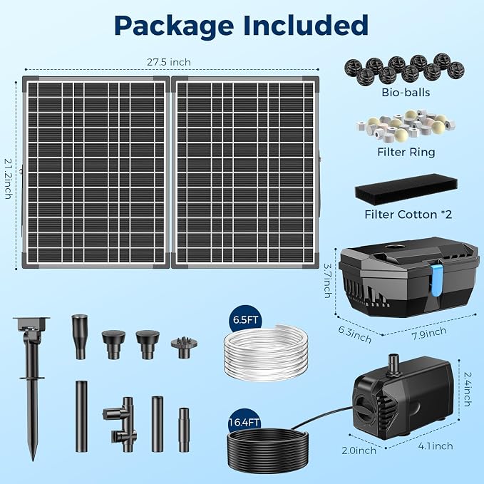 NFESOLAR 30W Solar Pond Filter Kit with Fountain Pump, 210 GPH Solar Pond Pump & Outdoor Filter Box, Submersible Water Pump with 16.4FT Cable & 6.6FT Tubing for Koi Pond, Fish Tank