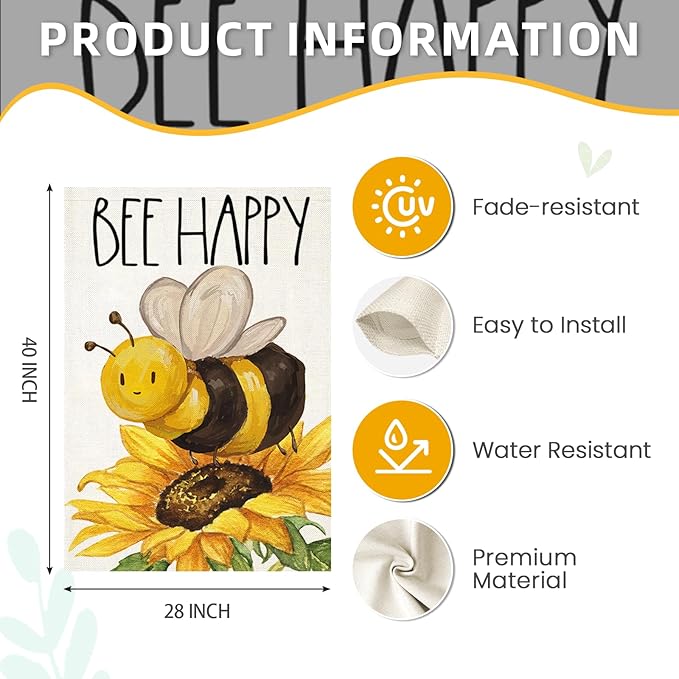 BEE HAPPY House Flags for Outdoor Decoration, Summer Watercolor Bee with Sunflower Large Yard Flag, Seasonal Decorative Celebration Decor for Spring Farmhouse Holiday Outside 28x40 Inch Vertical Double Sided