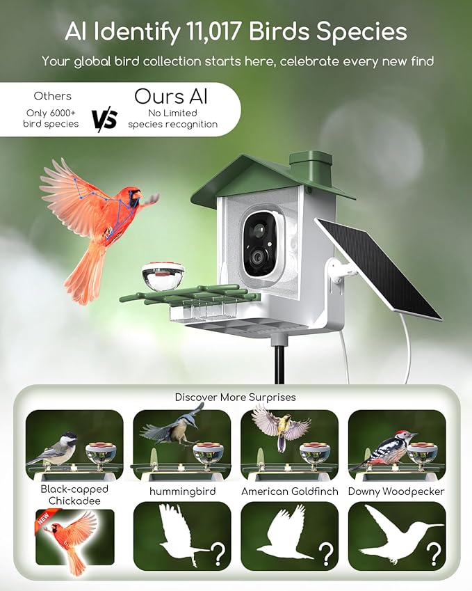 COOAU 5MP Smart Bird Feeder with Camera, Faster Solar Powered Charging, Outdoor Birdhouse Cam with Precise AI Birds Recognition, Live Video Watching and Notifications, Ideal Gift for Bird Lovers,Green