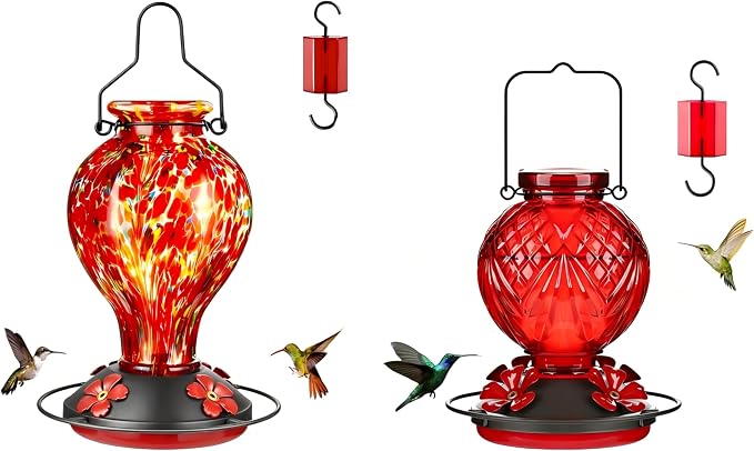 24oz Hand Blown Glass Hummingbird Feeders for Outdoors Hanging 1 Pack Red Polka Dots, 20oz Wild Bird Nectar Feeder 1 Pack Red