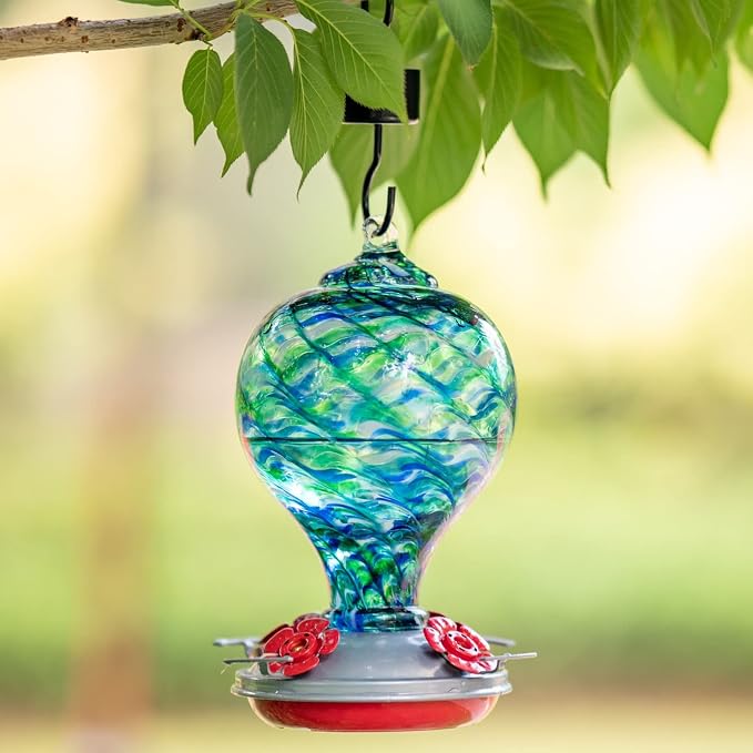 Muse Garden Hummingbird Feeder Hand Blown Glass Decor for Backyard, Gift for Hummingbird Lovers, Unique Gardening Gift (Blue Mermaid) 32OZ | Muse Garden Hummingbird Feeder Hand Blown Glass Decor for Backyard, Gift for Hummingbird Lovers,