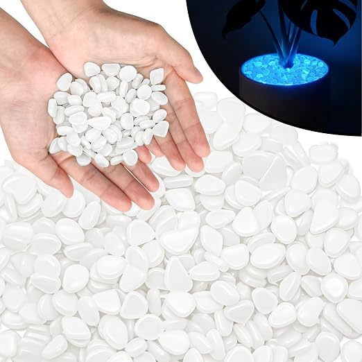 PoYang 2000pcs Glow in The Dark Rocks Outdoor - White Resin Glowing Pebbles for Landscaping, Garden, Fish Tank and Aquarium Indoor Decor, Powered by Sunlight or Lamplight (0.4"-0.7"/pc, 2.4lbs/Bag)