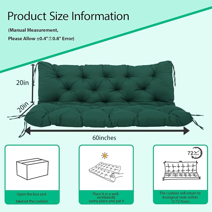 Porch Swing Cushions Outdoor, 5 Inch Thick Waterproof 2-3 Seater Replacement Swing Cushion with Backrest and Anti-Slip Ties, Perfect for Porch, Patio, Garden, Outdoor Bench Furniture, 60×40×5 Inch