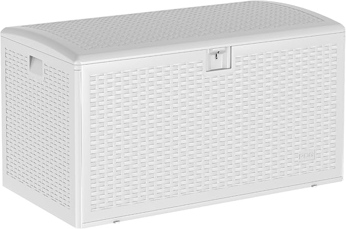 73 Gallon Waterproof Large Resin Deck Box Indoor Outdoor, Lockable Storage Container for Patio Furniture Cushions, Throw Pillows, Garden Tools, and Pool Floats, White