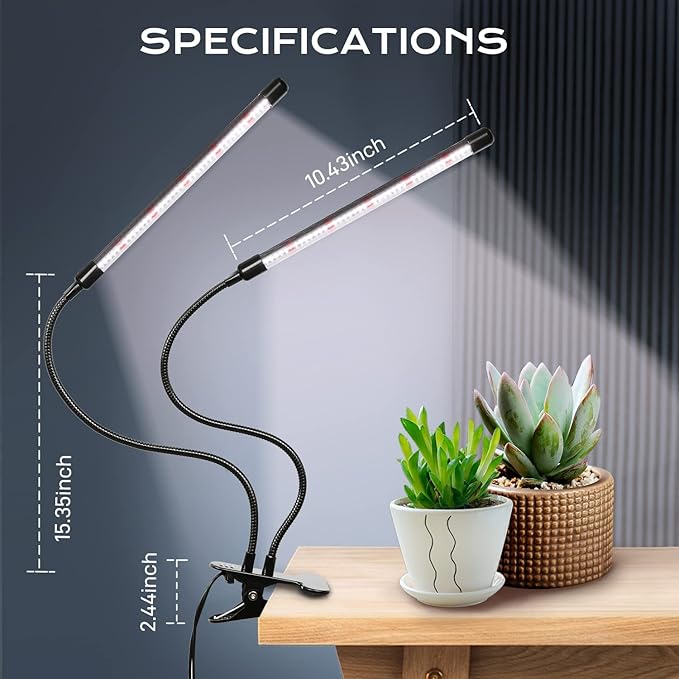 iPower LED Grow Light, 6000K Full Spectrum Clip Plant Growing Lamp with 84 White Red LEDs for Indoor Plants, 5-Level Dimmable, Auto On Off with 4/8/12H Timer