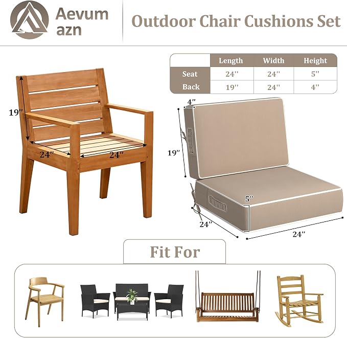 5" Thicker Outdoor Chair Cushions 2 Sets 24" *24" Waterproof Patio Chair Cushions for Outdoor Furniture w/Removable Cover 30D High Density Sponge Filling Thicken Patio Furniture Cushion w/Handle &Ties