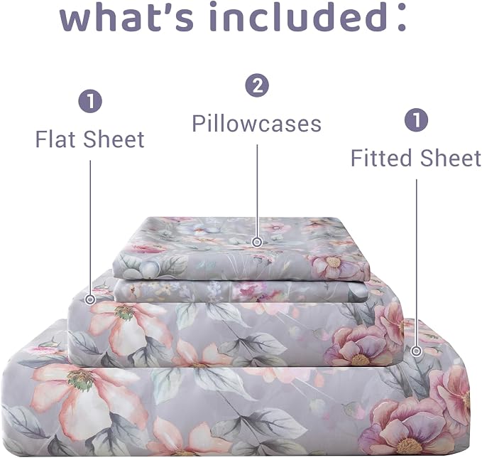 QSH Gray Floral Egyptian Cotton Sheets King Size,Luxury Silk Feel Botanical Flowers Pattern Printed Bed Sheets Sets King Size Aesthetic Soft and Breathable 17.5" Deep Pockets Bedding Sheets 4pcs
