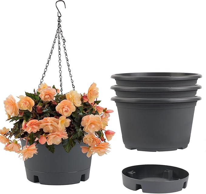 10 inch Hanging Planters, 4 Pack Hanging Baskets for Plants with Removable Trays & 15.7" Chain, Round Plastic Hanging Flower Pots for Home Garden Porch Balcony Patio Decor (Grey)