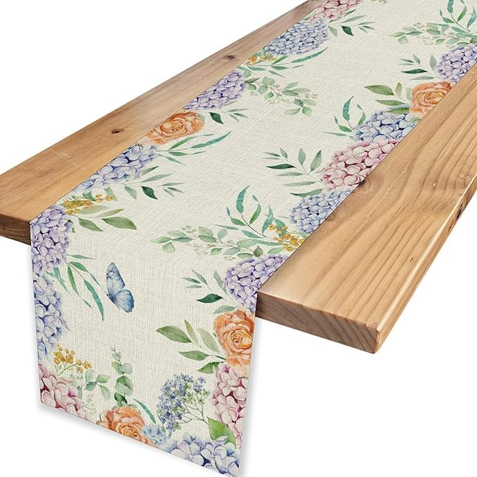 Blue Floral Table Runner, Spring Seasonal Watercolor Hydrangea Flower Summer Farmhouse Country Rustic Table Center Decor for Family Kitchen and Dining Party Table Decorations, 13"x72"