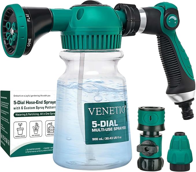 VENETIO 5-Dial Hose Attachment Spray Gun Pro with 6 Watering Patterns Nozzle and 30oz Refillable Bottle, Versatile Hose-End Garden Sprayer for Liquid Fertilizer, Weed Killer, Soap & Outdoor Cleaning