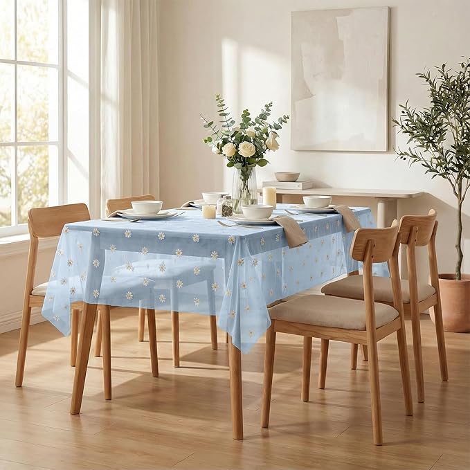 Horaldaily Blue Embroidery Daisy Spring Summer Gauze Tablecloth 60×84 Inch Rectangular, Seasonal Tulle Table Cover, Garden Party Decorations for Wedding, Party, Holiday Dining