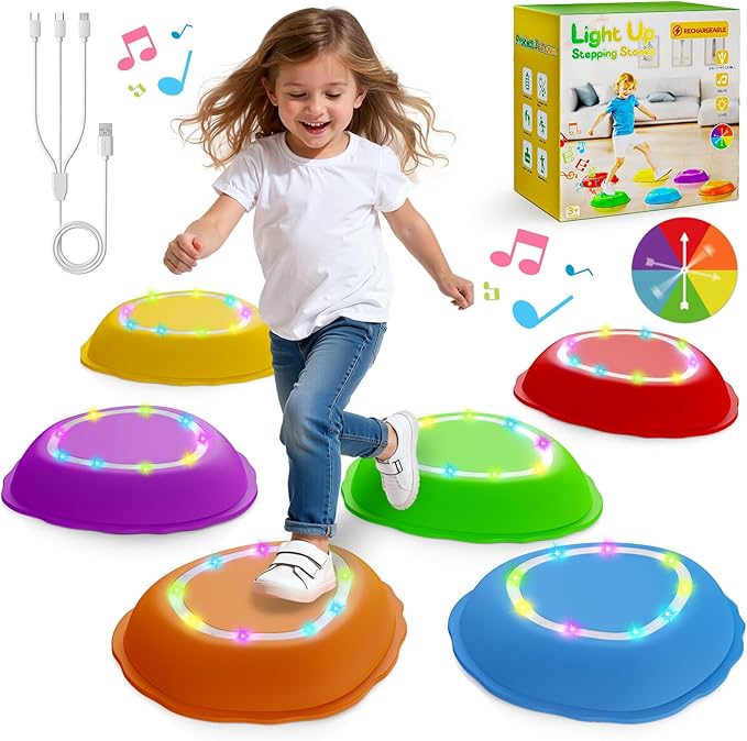 Rechargeable Stepping Stones for Kids, 6pcs Music and Light Up Non-Slip Balance Sensory Toys for Toddler, Kids Indoor and Outdoor Play Equipment, Birthday Gifts Toys for 2 3 4 5+ Year Old Kids