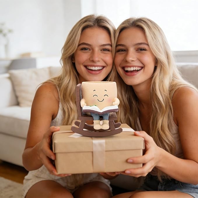 Smily Face Rocking Chair Reading Book Planter Pots with Drainage Hole, Cute Resin Flower Head Succulent Planters for Indoor Plants, Gift IdeaI for Mother Birthday Christmas