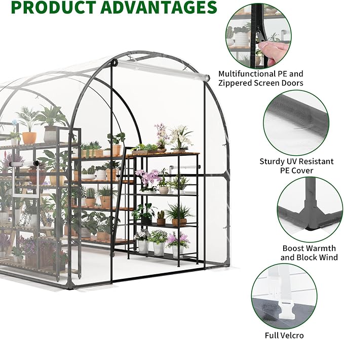 GarveeHome 6.6X8.2x6.6 Tunnel Greenhouses, Heavy Duty Walk-in Greenhouse for Outdoors with PE Cover, Instant Pop-Up Sturdy Metal Frame Hoop House with Zippered Roll-Up Door &4 Ventilated Mesh Windows