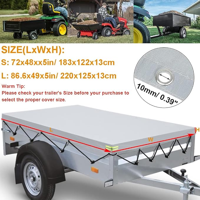 Tipping Trailer Cover for Lawn Tractor, Waterproof Heavy Duty Utility Wagon Tow Cover Garden Steel Dump Cart Cover Cargo RV Trailer Camper Covers 86.6x49x5in Siliver