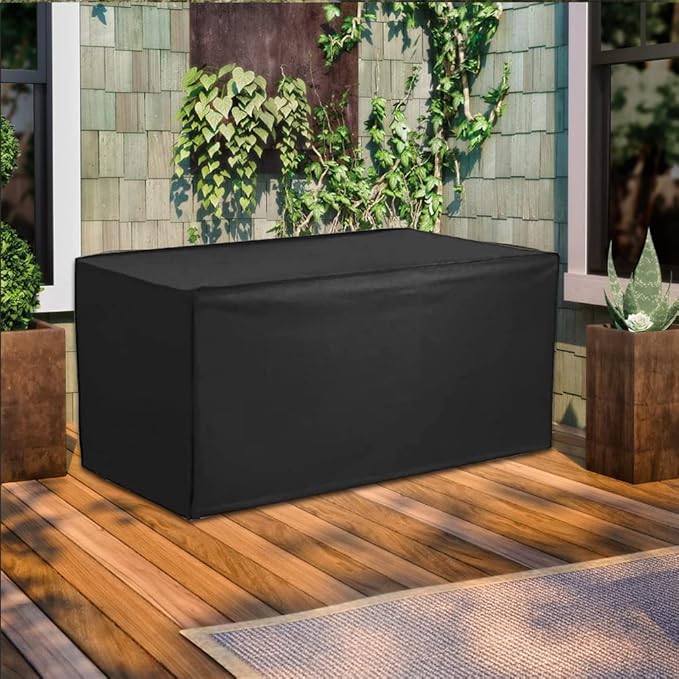 Deck Box Cover Heavy Duty Waterproof Outdoor Ottoman Bench Cover for Keter Large Deck Boxes Rectangular Storage Box Cover with Drawstring and Zipper (62x32x28in)