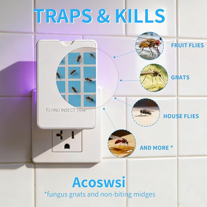 Indoor Fly Trap Plug in, Flying Insect Trap with Blue UV Light, Fruit Fly & Gnat Trap for Indoors, Mess-Free Bug Catcher for Home, 1 Device + 5 Refill Glue Cards