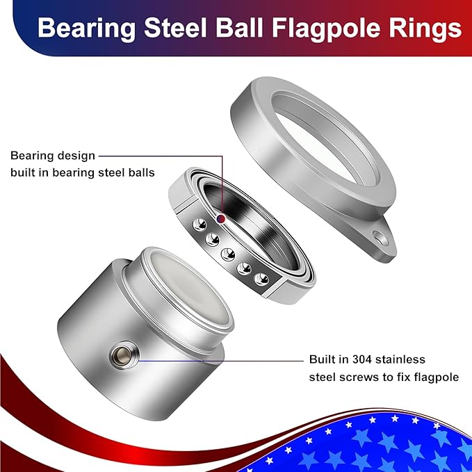 Bearing Steel Ball Flag Pole Rings, Tangle Free Aluminum Alloy Flag Pole Spinners, 360° Rotating Flagpole Rings with Carabiners, Fit Flagpole with 0.75-1inch Diameter, Flagpole Parts, 1 inch Silver