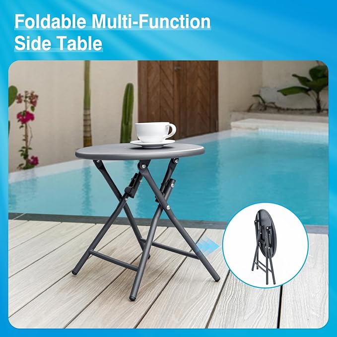 Aluminum Chaise Lounge Chair Outdoor, Foldable Patio Lounge Chair 2 Sets with Table Assemble-Free, Pool Lounge Chairs with 5 Adjustable Backrest, Outdoor Lounge Chairs for Outside Poolside Blue