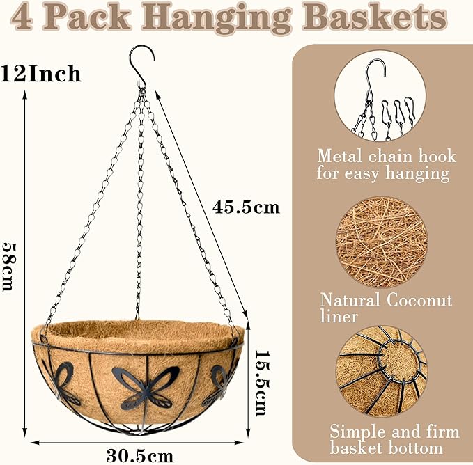 EIMQUVW Outdoor Metal Hanging Planters Basket (4pack, 12 inch) Hanging Baskets for Plants Chain Round Wire Plant Holder with Coco Fiber Liners for Garden, Patio, Deck, Porch(Butterfly)