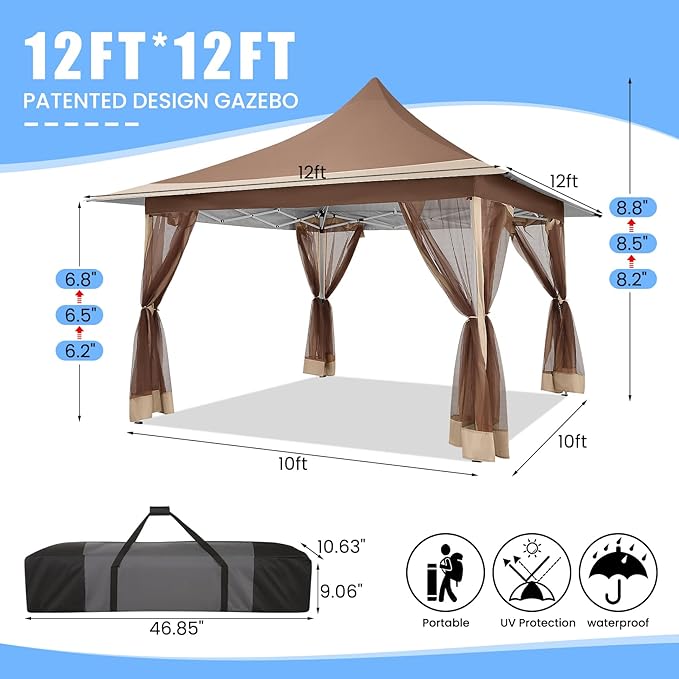 COBIZI 12x12 Pop up Canopy Gazebo on Clearance, Outdoor Canopy Tent with Mosquito Netting & Waterproof Roof & Sandbags & Carrying Bag,Patio Portable Gazebo for Garden,for Backyard,Brown
