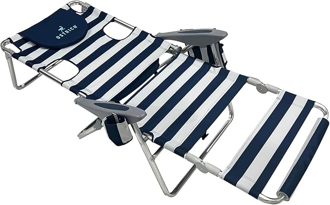 Ostrich the Backpack 3N1 Portable Chair with Cooler Bag and Reclining Lounger for Tanning, Camping, Beach, and Outdoor Essential, Blue Stripe