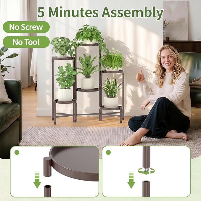 LASZOLA 6 Tier Large Plant Stand Indoor Tall with 10 Inch Metal Tray, Corner Folding Flower Display Rack, Modern Plant Holder Shelf for Outdoor Patio Porch Garden Office Living Room, Bronze