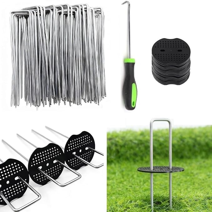 6 Inch 50 PCS Galvanized Landscape Staples with 50 PCS Gasket,Landscape Fabric Pins Stakes Lawn Ground Cover Graden Staples Spikes Weed Barrier Stakes