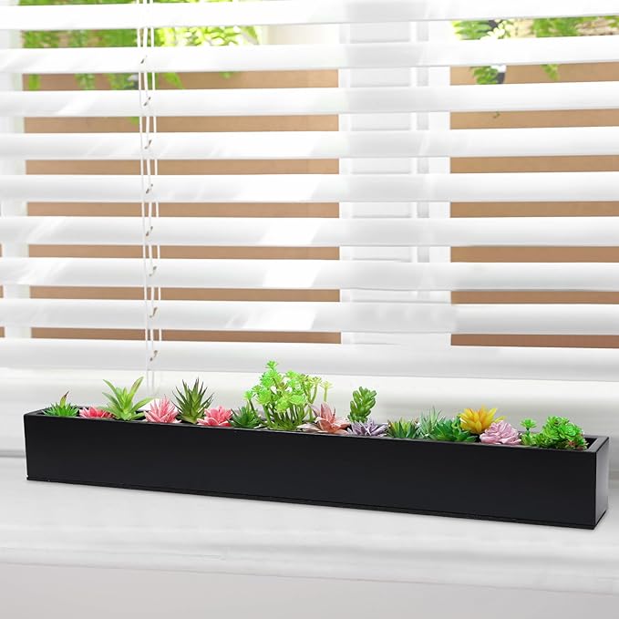 FillTouch 2 Pcs Long Rectangular Planter Box Window Sill Plant Box Metal Water Trough Indoor Large Modern Steel with Drainage Holes Herb Garden Home (32 x 3.5 x 3.5 Inch,Black)