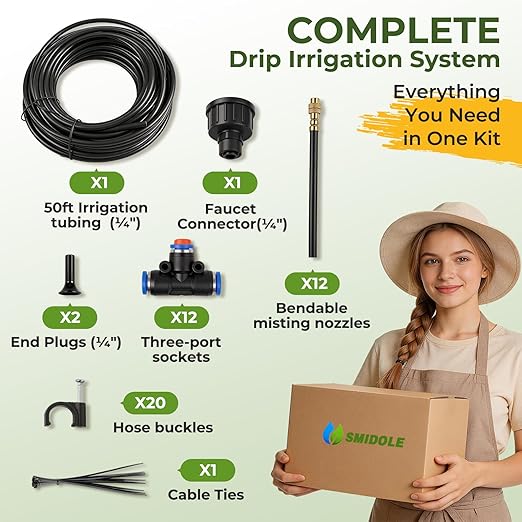50FT Drip Irrigation Kit, 360° Adjustable Garden Watering System with 1/4" Tubing, Brass Misting Nozzles, DIY Irrigation System for Plants, Raised Beds, Greenhouse