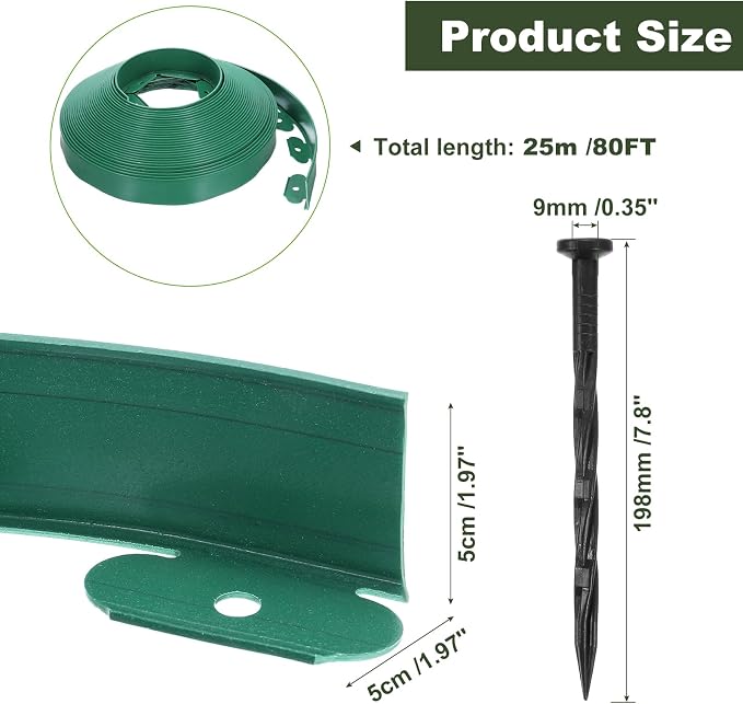 uxcell Landscape Edging, 1Pcs 80FT x 2" - No Dig Garden Edging Kit with 75 Stakes, Landscape Edging Border for Garden Lawn Flower Bed Yard Grass (Green)
