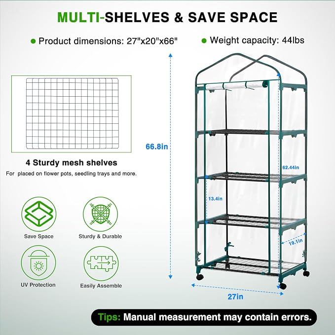 Yesker Mini Greenhouse 27"x20"x63" Portable Indoor /Outdoor Small Green House with 4 Tier 4 Shelves Wheels Transparent PVC Cover Compact Greenhouse Kit for Winter Gardening Balcony Patio Backyard