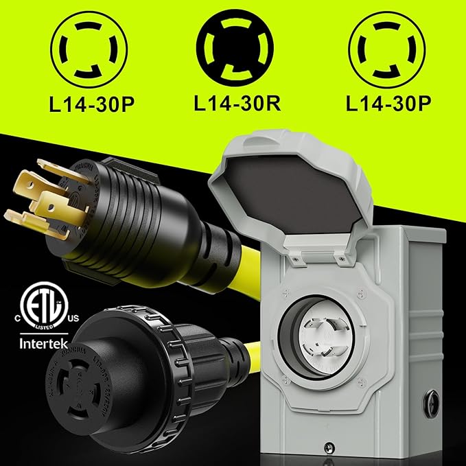 30 Amp Generator Cord 15FT and Power Inlet Box, NEMA L14-30P/L14-30R 125/250V Twist Lock Connector with Pre-Drilled NEMA L14-30P Generator Inlet Box for Generator to House, ETL Listed
