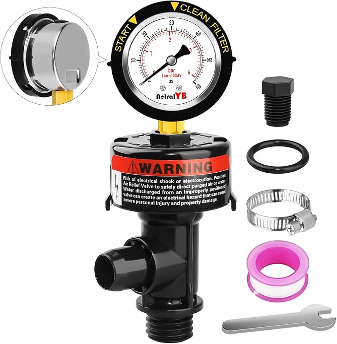 Manual Pool Filter Air Relief Valve,98209800 Air Relief Manual Valve Assembly with Water-Proof Stainless Steel Pressure Gauge,High Flow,Replacement for Pool and Spa Filter