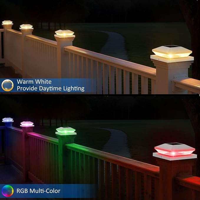 T-SUN Solar Post Cap Lights with Auto-Change Colors- for Wooden (4x4/6x6) & Vinyl (4x4/5x5) Posts | Weatherproof Outdoor Solar Fence Post Lights for Deck, Porch, Garden & Stairs(6-Pack,RGB)