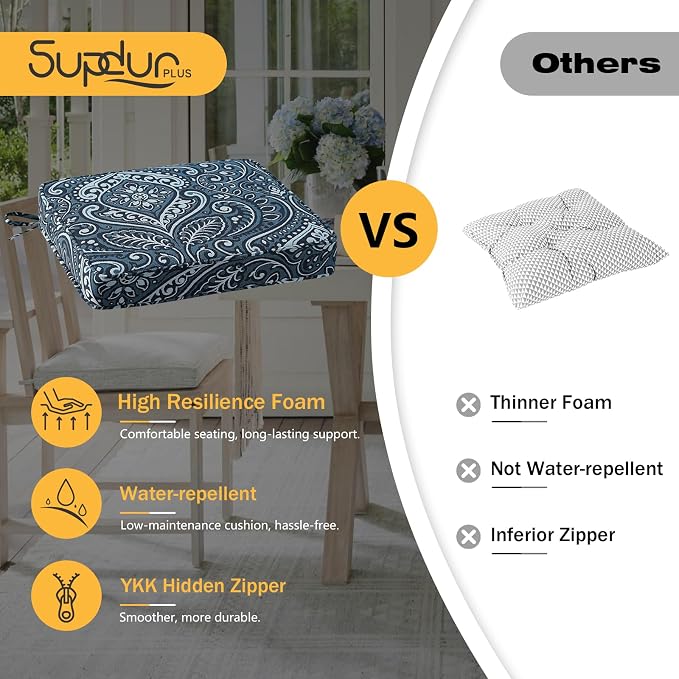 Outdoor Square Corner Seat Cushion, 19"x19"x3", Set of 4, Non Slip Seat Cushion Pads with Removable Cover for Patio Furniture, Garden Yard Lawn, Damask Vine
