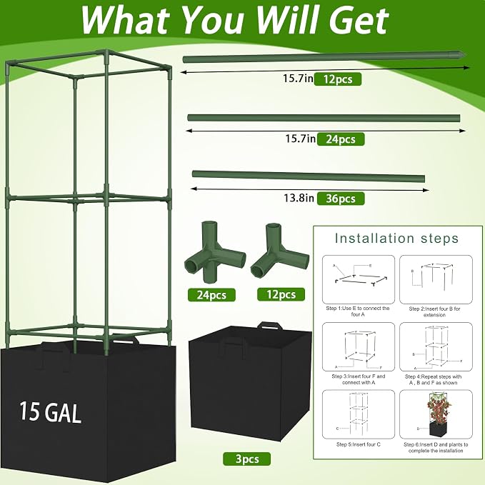 Tomato Cages for Garden, Tomato Planter with Trellis, 48in Tall Square Tomato Trellis with 18 Gallon Grow Bags, Patio & Balcony, Metal Tomato Cage for Tomatoes Cucumbers Peas Climbing Plants, 3 Pack