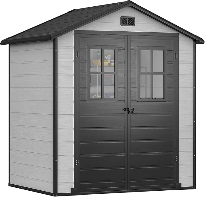 DWVO 6x4.4 FT Outdoor Resin Storage Shed with Reinforced Floor, All-Weather Bike Storage Shed with Lockable Door, Window and Vent, Waterproof Plastic Tool Storage for Garden, Backyard, Patio, Lawn