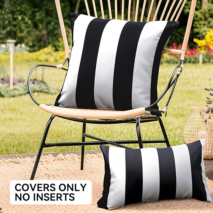 WESTERN HOME WH Pack of 2 Outdoor Waterproof Striped Pillow Covers Decorative Garden Cushion Covers Modern Farmhouse Throw Pillowcases for Patio Tent Balcony Couch Sofa 12x20 inch Black