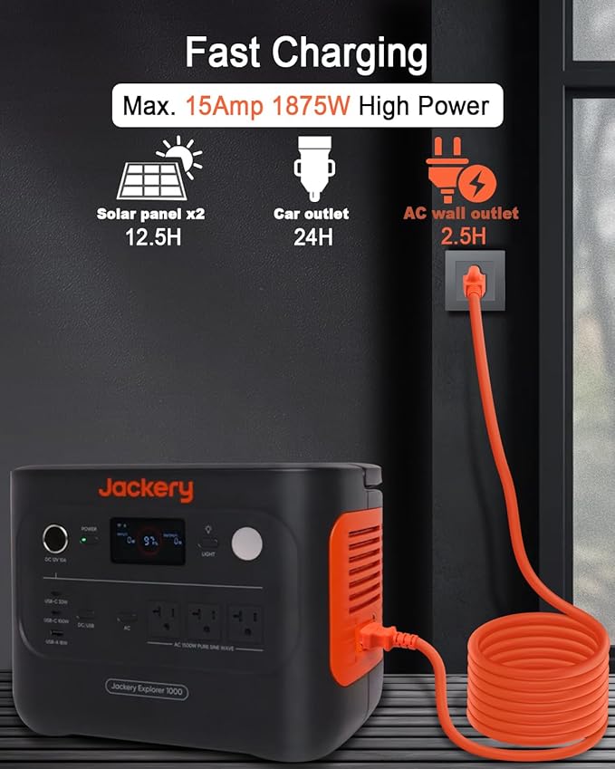 YEZriler 5M/16.4FT Heavy-Duty Charging Cable for Jackery Power Station Explorer 3000/2000/1500/1000, Ecoflow Delta/River/Series, Bluetti EB3A, Anker 757/767, 125Volt 15Amps AC Power Cord - Orange