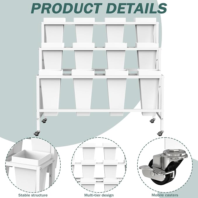 Asee'm Flower Display Stand With 12PCS Buckets 3 Tier Flower Cart Display Stand with Wheels Heavy Duty Moving Metal Plant Stand Flower Bar Flower Rack for Florist Indoor Outdoor Patio Garden White