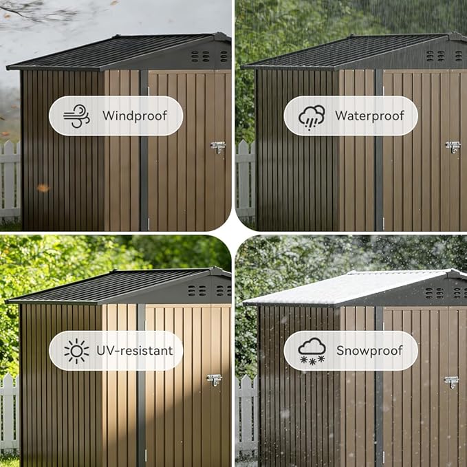 COMHOMA Shed Storage Outdoor Metal Windowed Lockable Weatherproof Ventilated Backyard Garden Utility Workshop(Brown,8'*6')